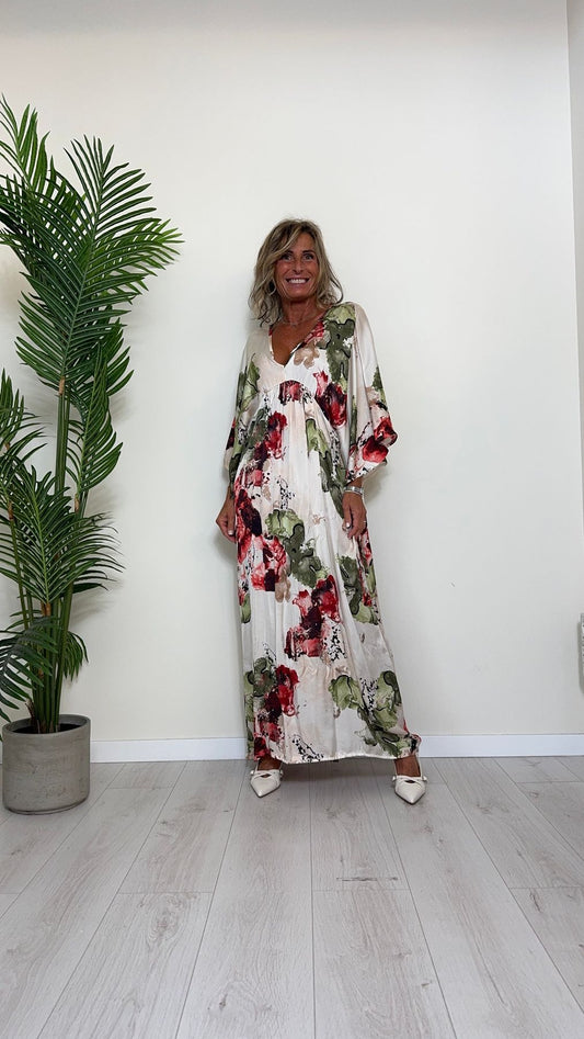 DAFNE - 7991P38 - ABITO LUNGO FANTASIA, VISCOSA(80%)/SETA(20%) FIT AMPIO CON DOPPIO SCOLLO A V