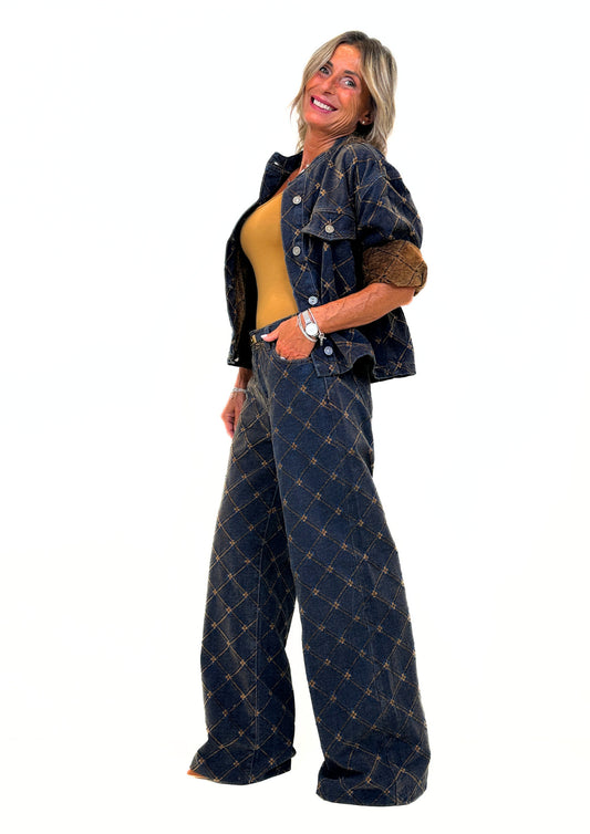 Vortex - Pantalone Simil Denim con Stampa Losanghe in Velluto