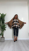 CELLOFUN - 2435CP - CAPPA CON CAPPUCCIO E FRANGE, MOTIVO CHECK, FULL ZIP, MISTO LANA