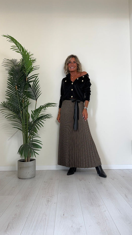 DAFNE - 90A5P5EP28 - GONNA LUNGA PLISSEE SOLEIL, MICRO PIED DE POULE, CON FUSCIACCA SIMILPELLE