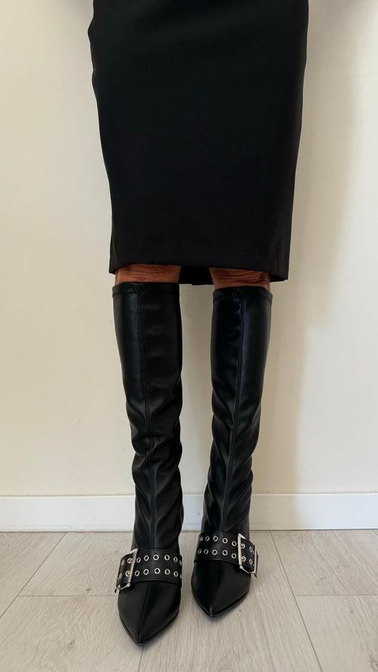 DIVINE FOLLIE - AI59/8045 - STIVALE GAMBA ELASTICIZZATA CON FIBBIA, TACCO 8CM