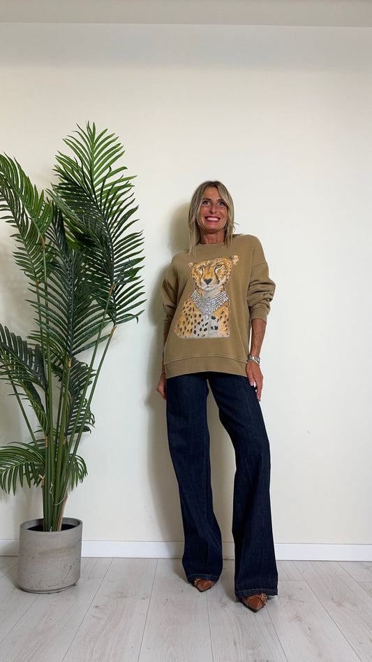 TENSIONE IN - TI2481 - FELPA COTONE FELPATO TINTO CAPO CON STAMPA LEOPARDO CON STRASS