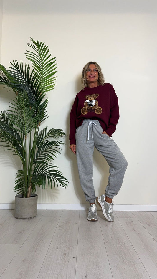 VICOLO - RS0275 - FELPA COTONE FELPATO MACRO PATCH ORSETTO CON DETTAGLIO RIGHE