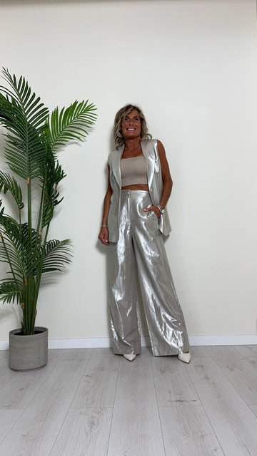 GIORGIA & JHONS - 60353SS24 - PANTALONE PALAZZO VISCOSA(60%)/LINO(40%) LAMINATO ELASTICO RETRO