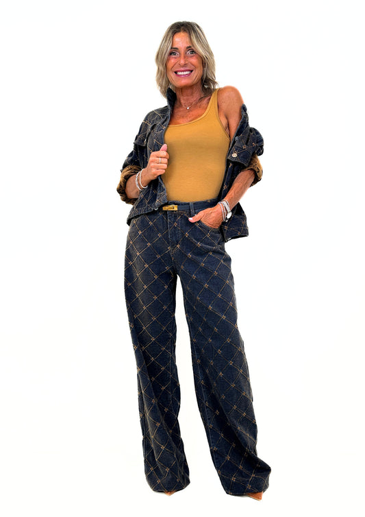Vortex - Pantalone Simil Denim con Stampa Losanghe in Velluto