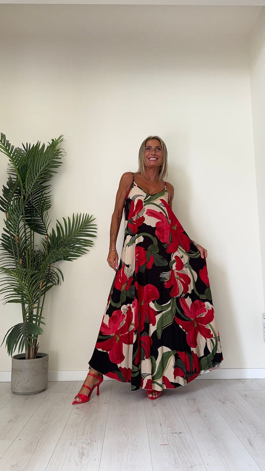 DAFNE - 1456P29 - ABITO LUNGO 100%VISCOSA FANTASIA CON SPALLINE E DOPPIO SCOLLO A V