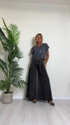 D'ELLE - I243112 - PANTALONE AMPIO, COTONE TINTO CAPO, ORLO SFRANGIATO CON CINTURINA ECO CAMOSCIO
