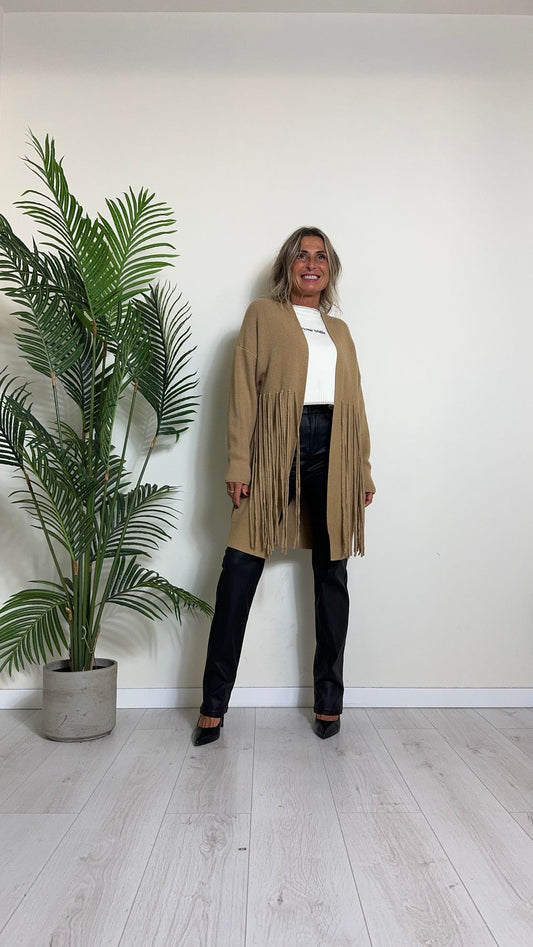 DAFNE - 9142P33 - CARDIGAN LUNGO PUNTO RISO CON FRANGE