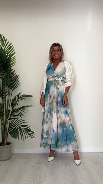 GIORGIA & JHONS - 60264SS24 - ABITO LUNGO FANTASIA ACQUERELLO, SCOLLO INCROCIATO, GONNA PLISSEE, FILO LAMINATO, FODERATO CON CINTURA