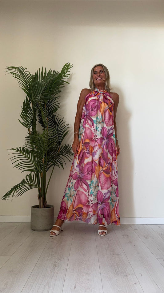 GIORGIA & JHONS - 60516SS24 - ABITO LUNGO FANTASIA IN VISCOSA(70%) E SETA(30%), FODERATO, SPALLE AMERICANA E LACCETTO NUCA, FIT AMPIO