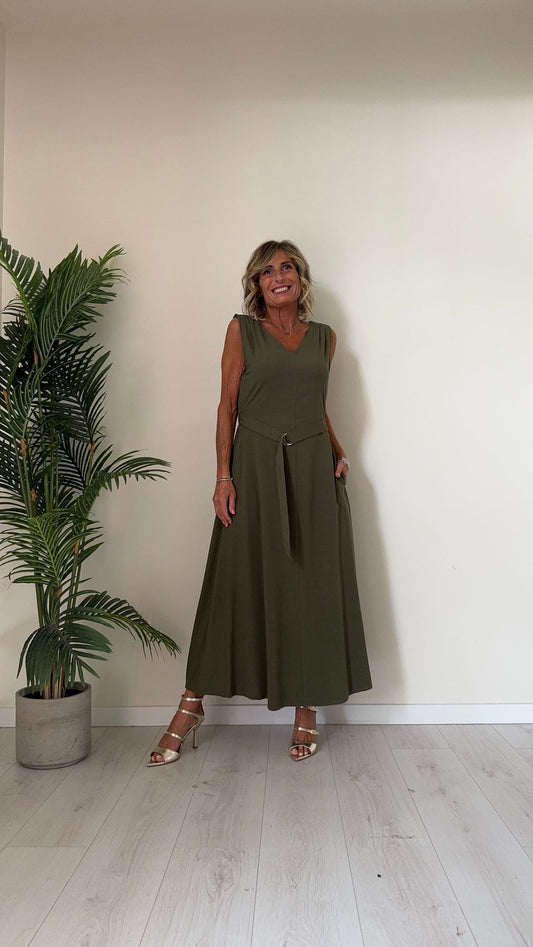 DAFNE - 8517P32 - ABITO LUNGO 80%VISCOSA/20%LINO DOPPIO SCOLLO A V CON ELASTICO RETRO E FUSCIACCA ATTACCATA