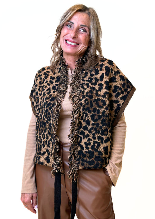 Gilet Stampa Leopardata con Frange