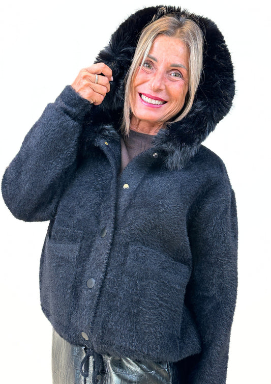 Bomber Effetto Pelo con Cappuccio in Pelliccia