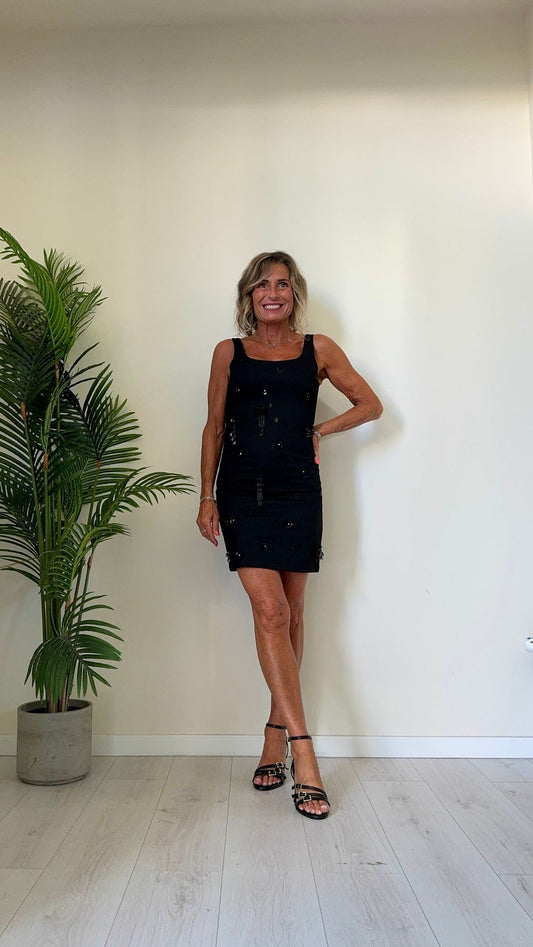 DAFNE - ABLU50P38 - ABITO CORTO COTONE ELASTICIZZATO, SLIM FIT CON APPLICAZIONI CUCITE