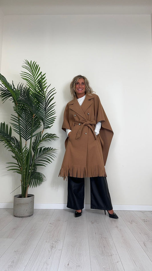 CELLOFUN - 2436CP - CAPPOTTO/MANTELLA CON FRANGE, FUSCIACCA STACCABILE E BOTTONI MILITARY
