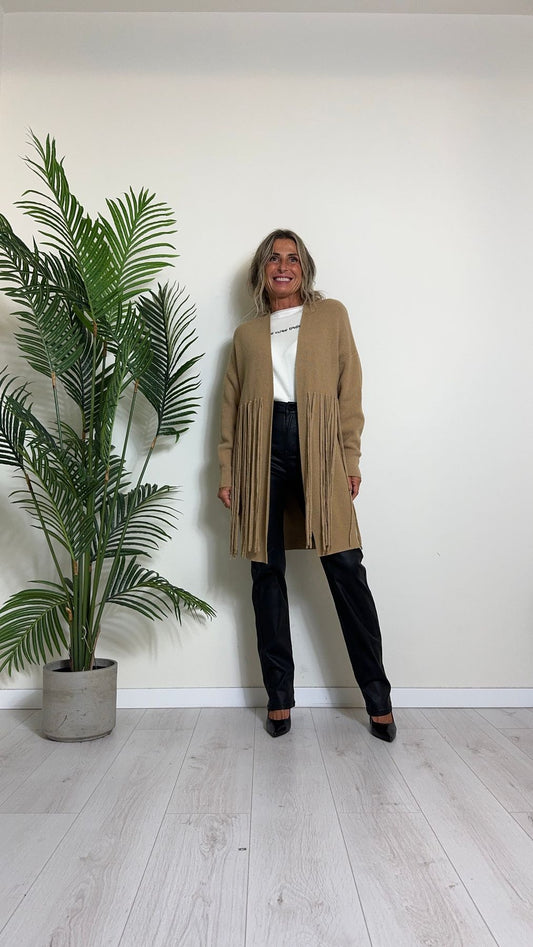 DAFNE - 9142P33 - CARDIGAN LUNGO PUNTO RISO CON FRANGE