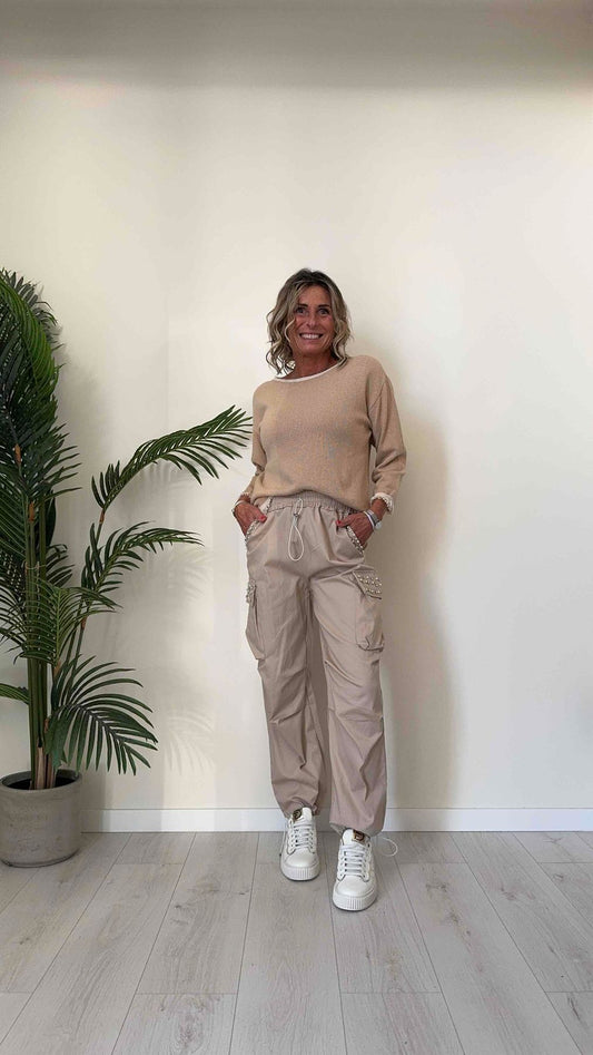 VENTISEI - A6277-G4P29 - PANTALONE CARGO IN COTONE CON PERLE E STRASS, VITA ELASTICATA