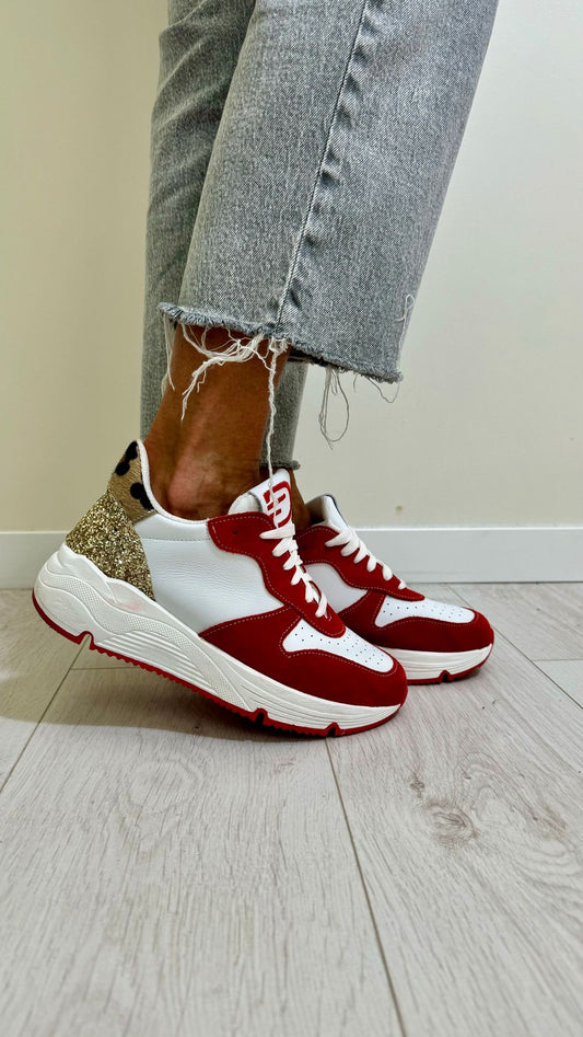 DIVINE FOLLIE - DFP602P40 - SNEACKER PELLE BIANCO+CAMOSCIO ROSSO+MACULA+GLITTER