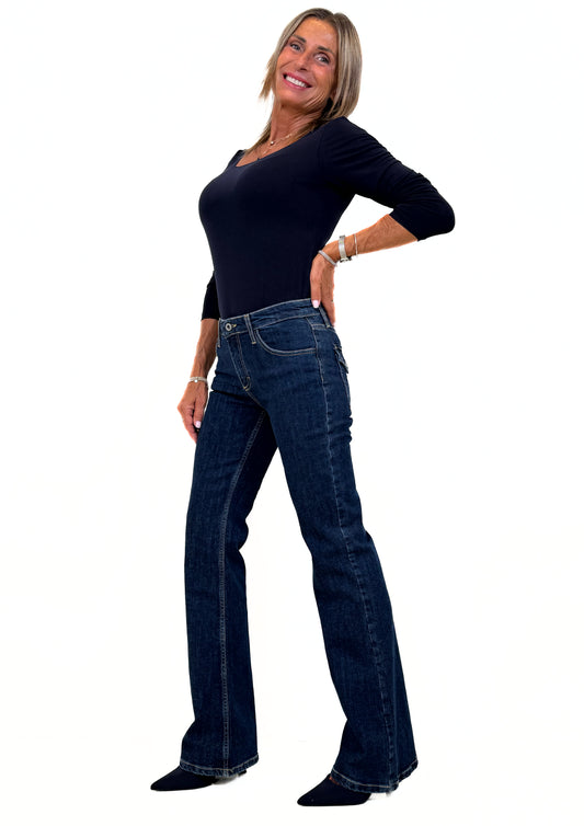 Margot -  Jeans Flare Vita Bassa con Tasche a Pattina