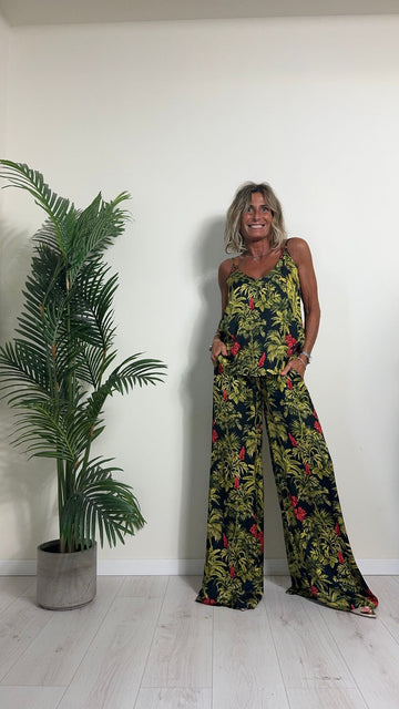 TENSIONE IN - S24PC79 - PANTALONE PALAZZO 100%VISCOSA FANTASIA PALME E FIORI