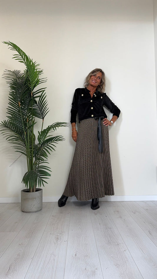 DAFNE - 90A5P5EP28 - GONNA LUNGA PLISSEE SOLEIL, MICRO PIED DE POULE, CON FUSCIACCA SIMILPELLE