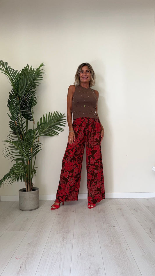 DAFNE - PA71P28 - PANTALONE VISCOSA, FANTASIA FOGLIE, VITA ELASTICATA, FLUIDO