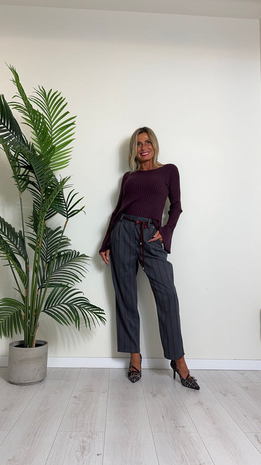 D'ELLE - 3708 - PANTALONE RIGA A CONTRASTO IN POLIVISCOSA CON CINTURINA VELLUTO