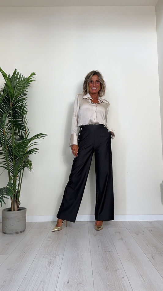 DAFNE - CHB7869P32 - PANTALONE PALAZZO IN POLIVISCOSA CON PASSAMANERIA E BOTTONI A VISTA, ZIP A SCOMPARSA SUL RETRO