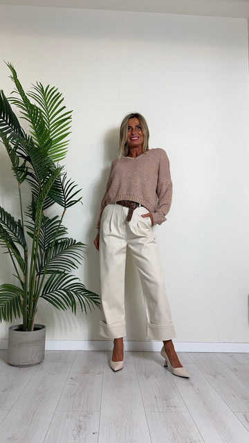 D'ELLE - 24312 - PANTALONE BAGGY BULL DI COTONE, DOPPIA PINCES, ORLO RISVOLTATO CON CINTURA