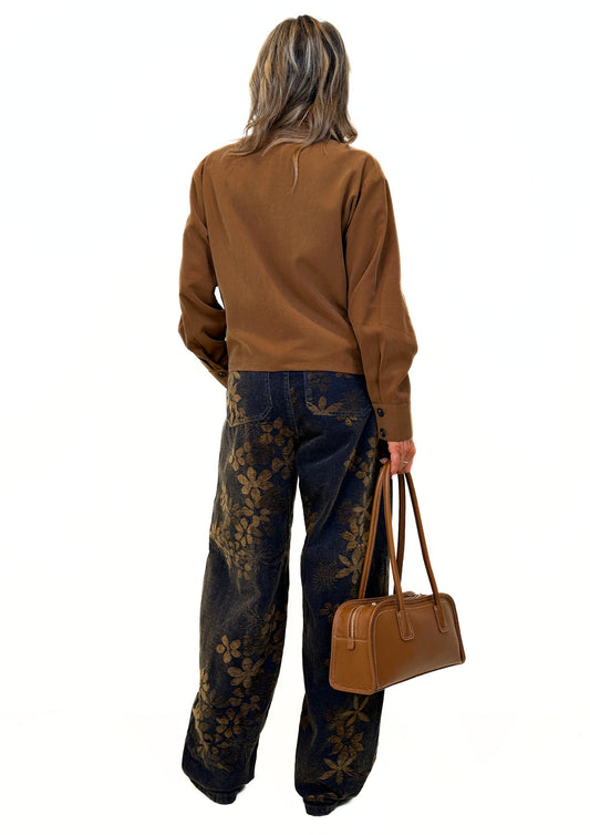 Astres - Pantalone Simil Denim con Stampa Floreale Velluto