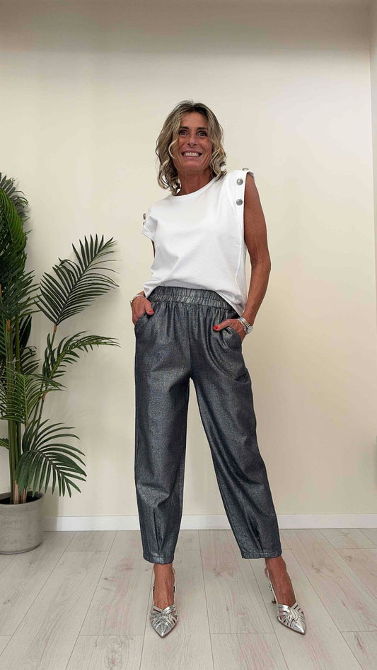 DAFNE - MKM14029P18 - T-SHIRT COTONE, MANICA ALETTA CON BOTTONI MILITARY ARGENTO