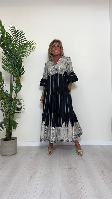 DAFNE - H3535-C12P38 - ABITO LUNGO IN COTONE SCOLLO A V INCROCIATO, MANICA 3/4