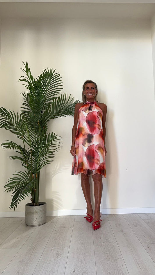 GIORGIA & JHONS - 60296SS24 - ABITO SETA/VISCOSA FANTASIA, AMPIO, SMANICATO CON CHIUSURA FIOCCO NUCA, FODERATO IN JERSEY DI VISCOSA