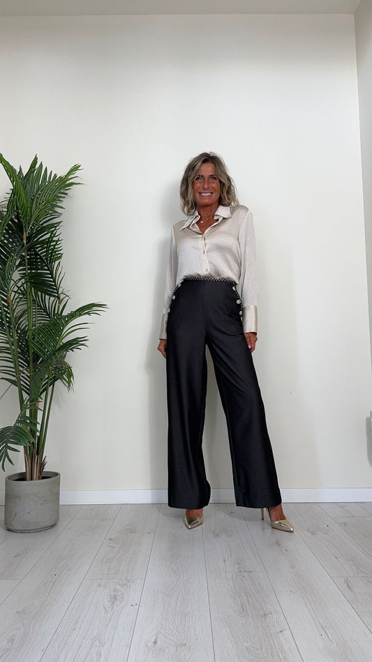 DAFNE - CHB7869P32 - PANTALONE PALAZZO IN POLIVISCOSA CON PASSAMANERIA E BOTTONI A VISTA, ZIP A SCOMPARSA SUL RETRO