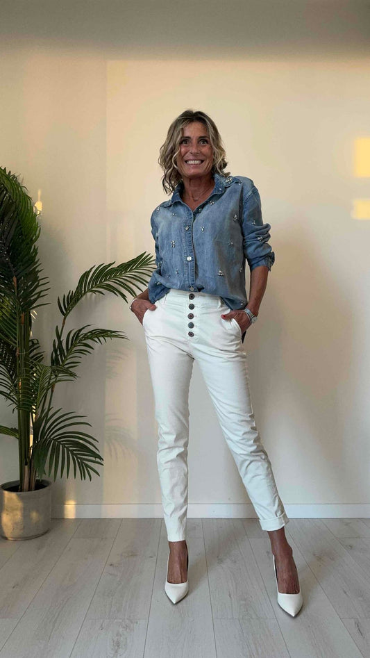 DAFNE - 823299P28 - PANTALONE COTONE MOTIVO IN RILIEVO, SLIM FIT CON BOTTONI A VISTA SMALTATI