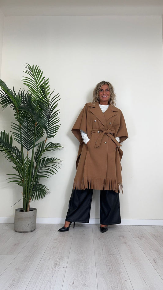 CELLOFUN - 2436CP - CAPPOTTO/MANTELLA CON FRANGE, FUSCIACCA STACCABILE E BOTTONI MILITARY