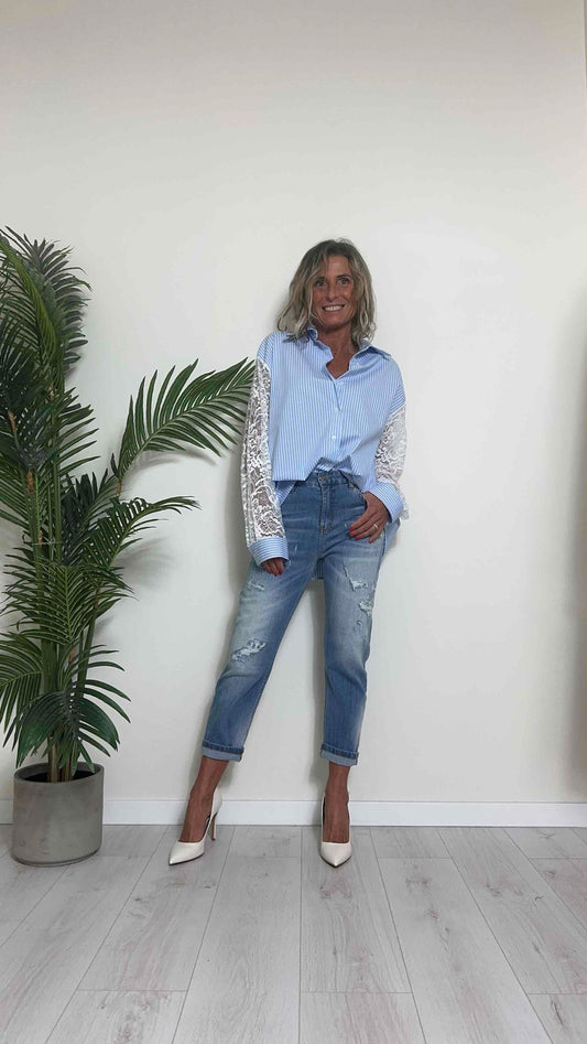 PLEASE - C1BVCOD000 - CAMICIA COTONE RIGATA CON MANICHE PIZZO