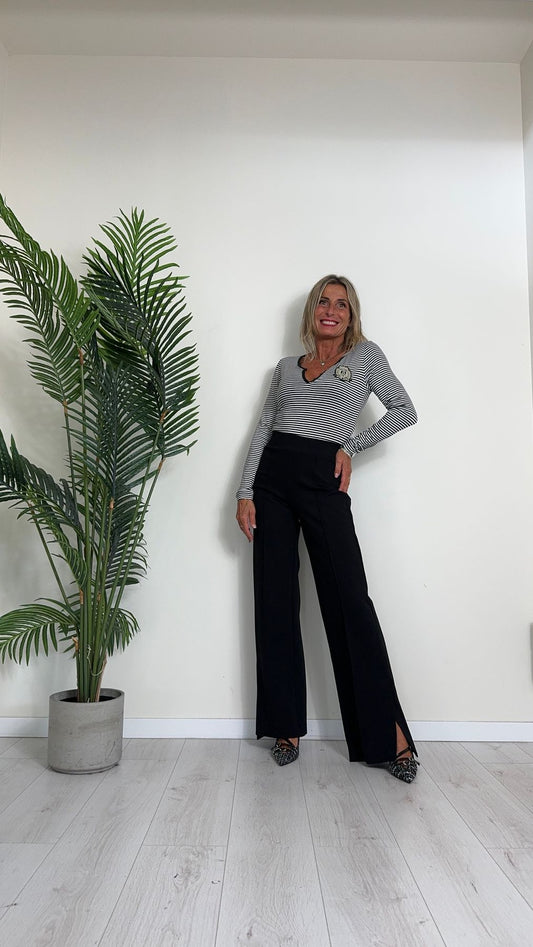 VICOLO - TS0175 - PANTALONE PUNTO MILANO VISCOSA COMPATTA, ZAMPETTA CON SPACCHI E NERVATURA