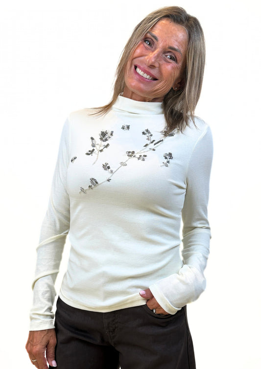 Feuille D'or - Maglia Manica Lunga con Ricamo di Strass