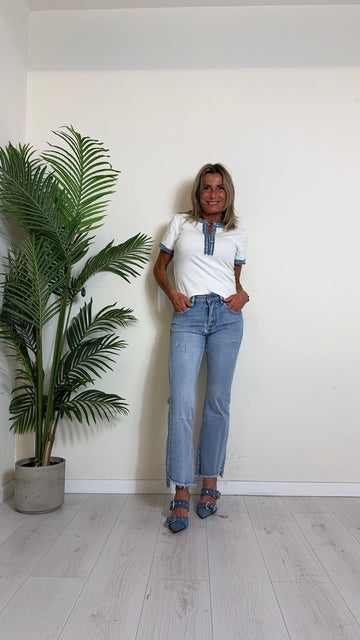 DAFNE - V8319P18 - T-SHIRT INSERTO DENIM CON BOTTONCINI ARGENTATI