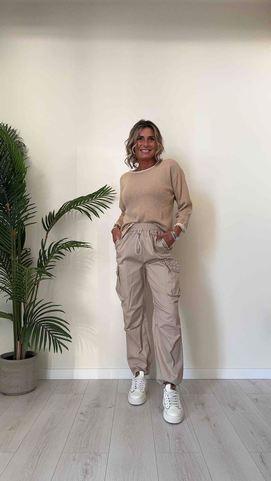 VENTISEI - A6277-G4P29 - PANTALONE CARGO IN COTONE CON PERLE E STRASS, VITA ELASTICATA