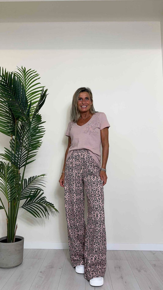 GIORGIA & JHONS - 60114SS24 - T-SHIRT SCOLLO A V BORCHIETTE DISEGNO FIORE, 100%COTONE