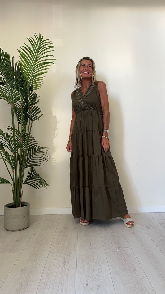 GIORGIA & JHONS - 60373SS24 - ABITO LUNGO COTONE, SCOLLO A V INCROCIATO CON PIZZO INTARSIO E BORDATURA CUPORICINI