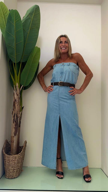 TENSIONE IN - VA1270 - ABITO STRAPLESS DENIM CON CINTURA