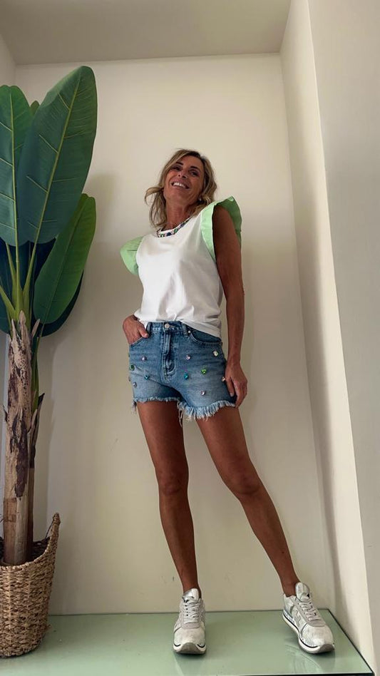 DAFNE - JK332P25 - SHORT DENIM CABOCHON SFRANGIATO SOTTO