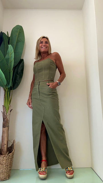 PLEASE - G5KSHO2N3N - GONNA LUNGA BULL DENIM SPACCO CENTRALE