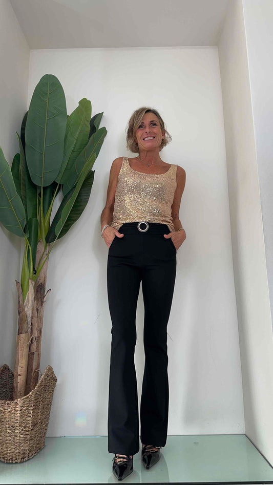 DAFNE - A7383P25 - PANTALONE FLARE PUNTO MILANO DETTAGLIO FIBBIA GIOIELLO