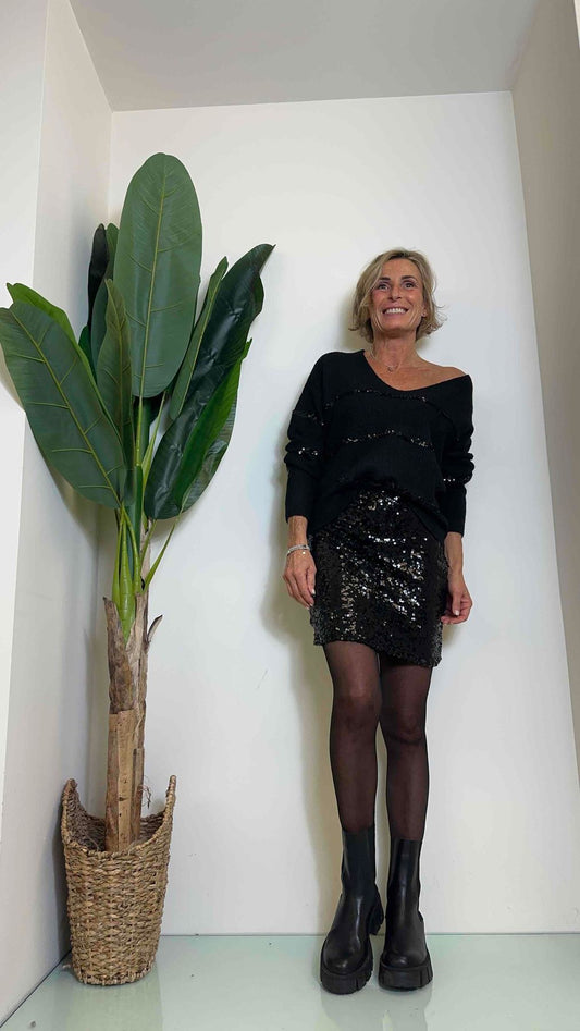 DAFNE - HYC7842P28 - PULL M/LANA SCOLLO A "V" RIGHE PAILLETTES