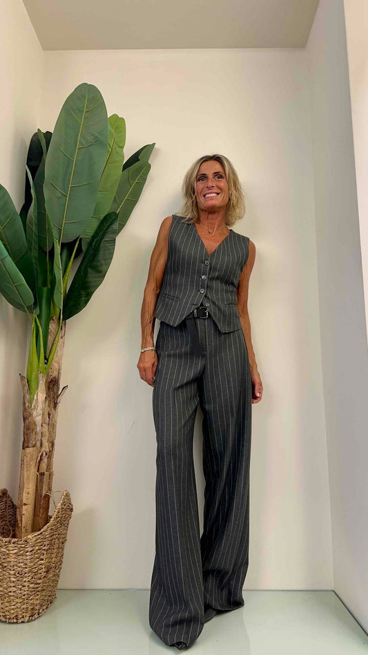 HAVEONE - PCA-K113 - PANTALONE PALAZZO GESSATO CON CINTURA ED ELASTICO DIETRO
