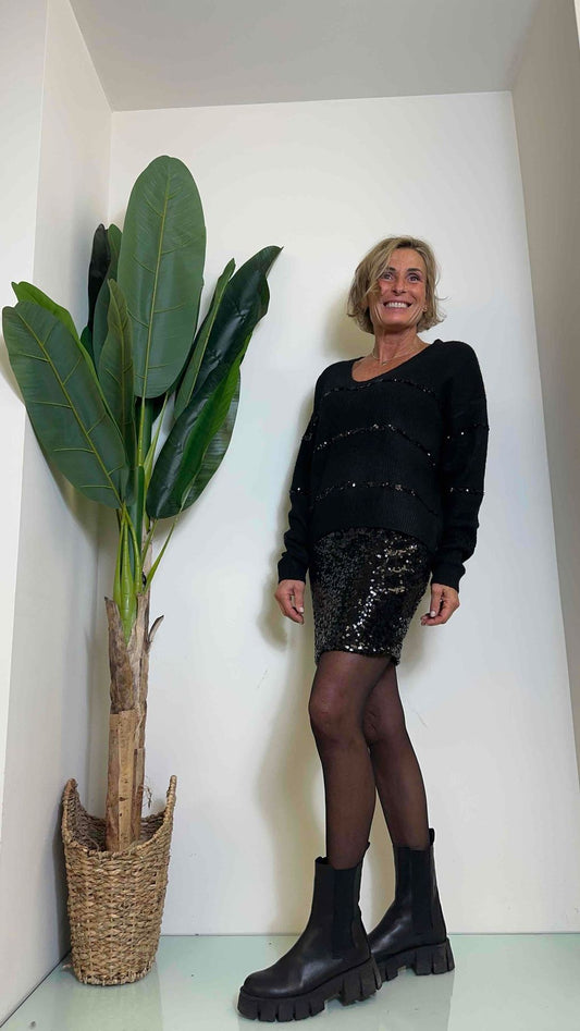 DAFNE - HYC7842P28 - PULL M/LANA SCOLLO A "V" RIGHE PAILLETTES